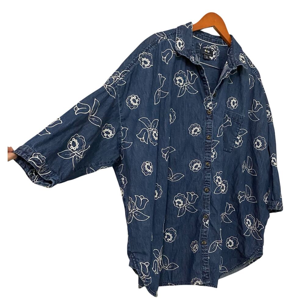 Maeve Anthropologie Oversized Denim Button Up Shirt 1X Embroidered Floral Cotton - Picture 13 of 14